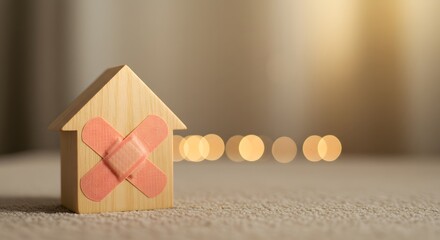 Home repair concept wooden house with band aid on it