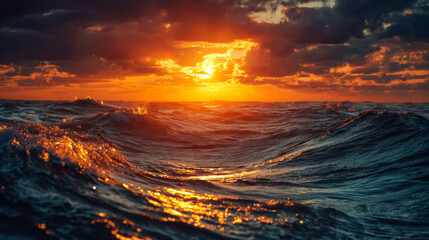 Fototapeta premium Vibrant sunset over the dynamic ocean waves