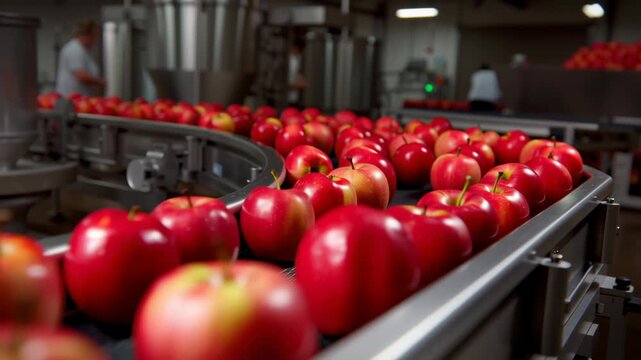 Red apple fruit conveyor belt fresh food processing factory with shiny ripe healthy apples lined up close up natural texture