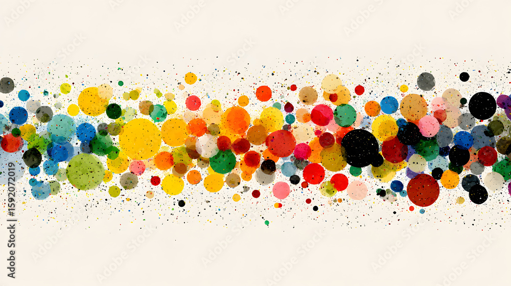 Poster long line of colorful dots that are all different sizes and colors. the dots are arranged in a way t
