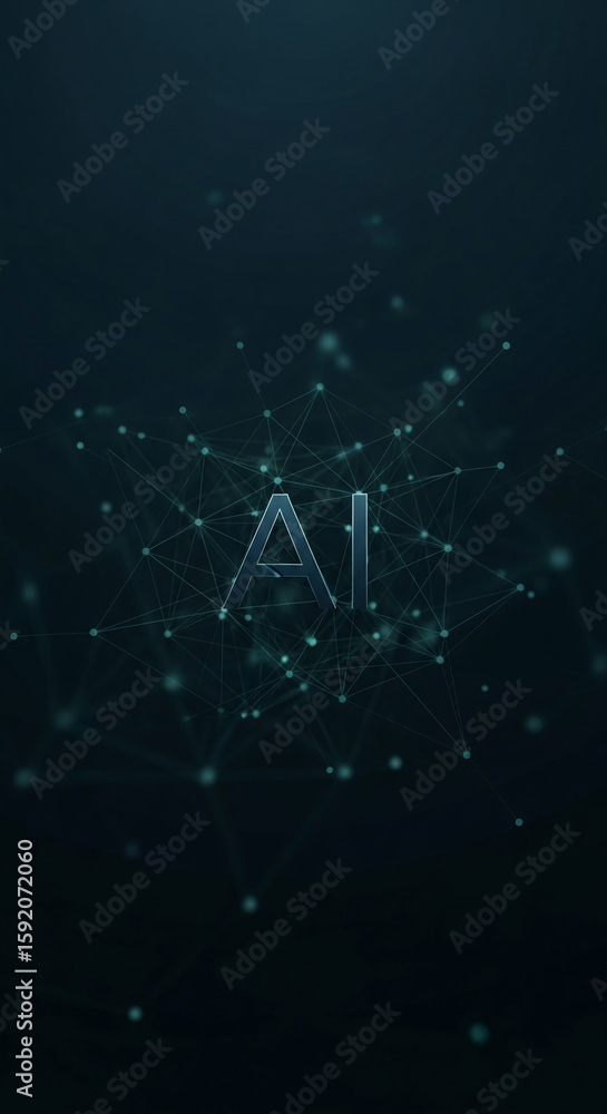 Poster dark teal background with metallic ai lettering encircled by a network of interconnected nodes, symb