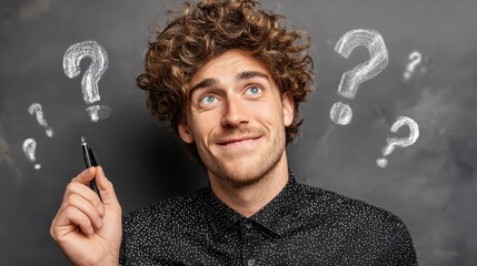 Curly brown-haired man in black polka-dot shirt holding a pen, gazing upward with wide eyes and a slight smile, surrounded by floating white question marks against a dark gray background.