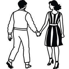 Silhouette of a loving couple holding hands and walking together symbolizing romance and companionship