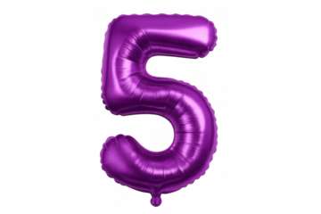Shiny purple number five balloon floating on a transparent background, perfect for birthday or anniversary celebrations