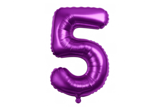 Shiny purple number five balloon floating on a transparent background, perfect for birthday or anniversary celebrations