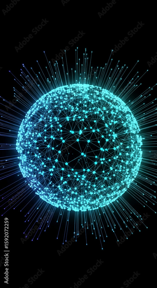 Poster glowing teal sphere with interconnected nodes and radiating lines on black background, symbolizing g