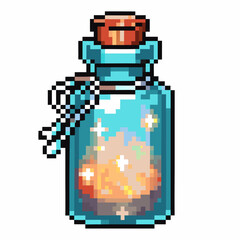 Fototapeta premium Pixel art glass potion bottle with glowing magical liquid, fantasy alchemy elixir in vintage corked container illustration