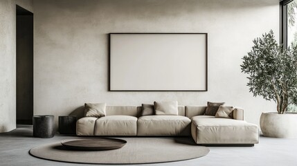 Beige sectional couch in a minimalist living room with a blank frame.