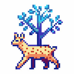Pixel art deer with leafy blue tree retro wildlife animal, creative digital nature design, colorful forest illustration