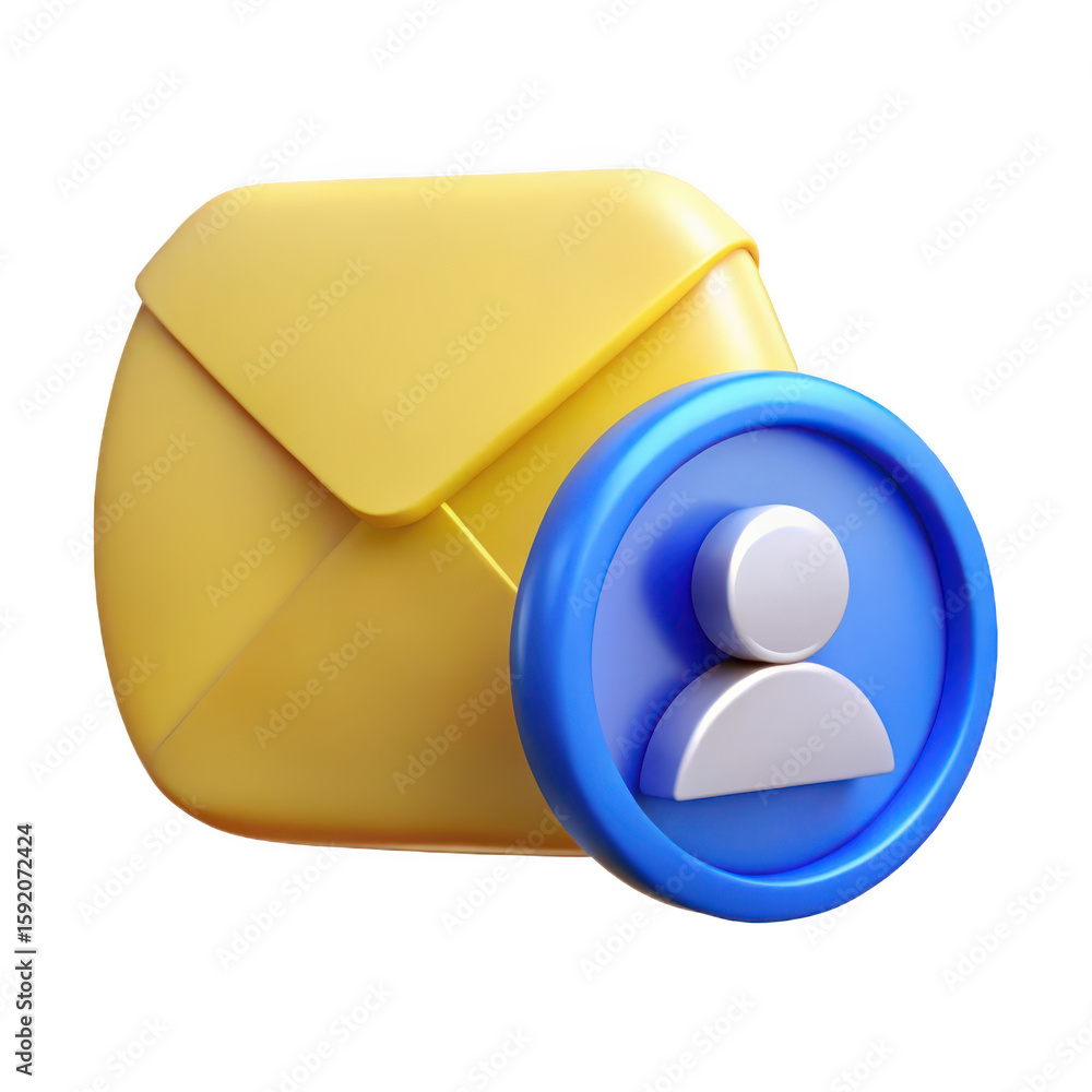 Poster 3d yellow envelope icon with a blue circle user profile symbol isolated on transparent background