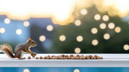 Squirrel Collecting Nuts at Sunset with Bokeh Background