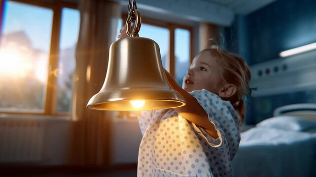 Child ringing brass bell indoors with sunlight shining through window, joyful moment of play and discovery cozy room with warm