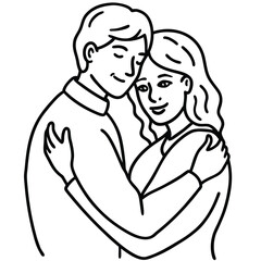 Romantic line art illustration of a loving couple embracing tenderly symbolizing connection and affection in a simple elegant design