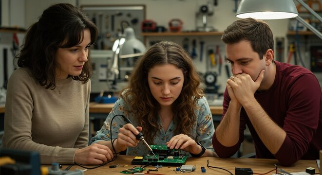 Three Young Engineers Collaborate on a Circuit Board Project in a Workshop Setting