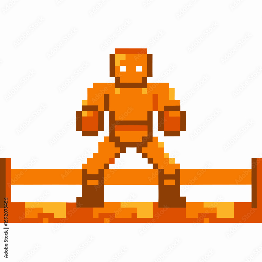 Poster retro pixel robot character standing on platform orange humanoid figure with square body and arms ex