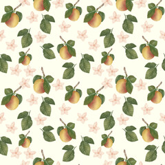 Seamless pattern with peaches and leaves, flowers