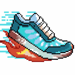 Obraz premium Pixel art sneaker in motion with fiery trail blue running shoe, retro digital style, dynamic speed and energy symbol