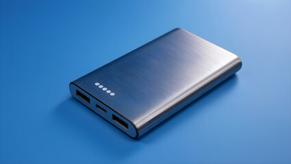 Modern silver power bank charger rests on a vibrant blue surface, showcasing portable electronics for charging devices.