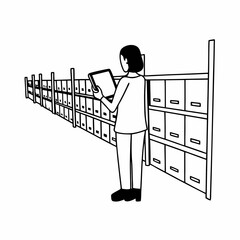 Minimalist line art of a person checking warehouse shelves or product stock, using tablet, surrounded by boxes and barcodes, outline style