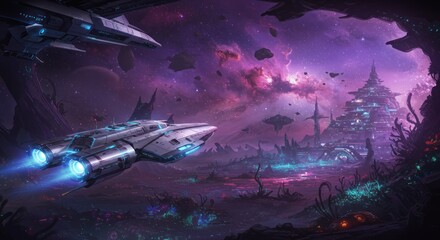 Futuristic Spaceship Flying Over Alien Landscape with Purple Nebula and Advanced Structures