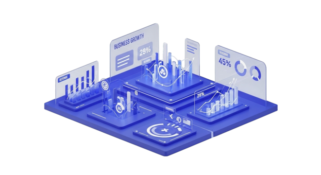 Isometric illustration presents business analysis data and chart indicators in shades of blue