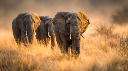 Calm procession of elephants in a sunlit savannah