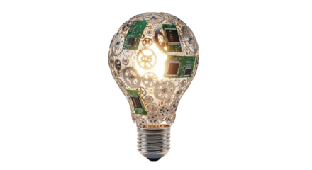 Steampunk lightbulb filled with gears and circuit boards that creates a bright, futuristic glow.