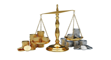 Golden scales are balancing shiny gold and silver coins against an even distribution today.