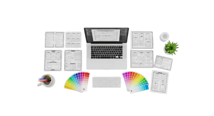 Overhead view showcasing UI/UX design process and creative digital workspace with a design laptop