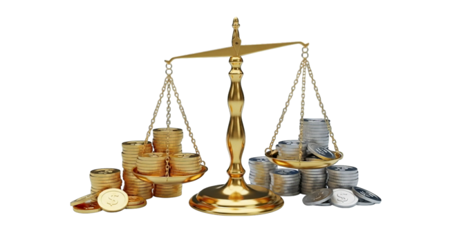 Golden scales are balancing shiny gold and silver coins against an even distribution today.