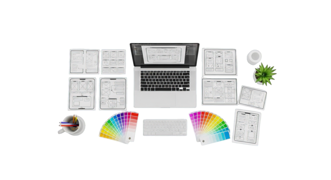 Overhead view showcasing UI/UX design process and creative digital workspace with a design laptop