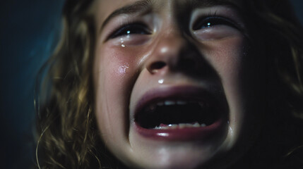 A young girl crying and screaming, expressing strong emotions of distress and frustration, captured in a candid moment with natural lighting and soft focus.