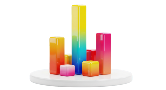 Vibrant 3D bar graph rendering with gradient colors on a round platform showcasing visual data.