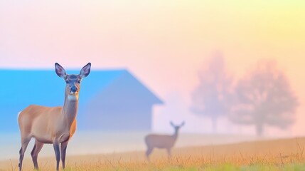 Serene Deer in Misty Landscape with Soft Pastel Tones