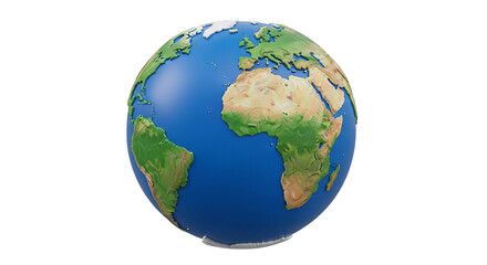 A stylized 3D model showing the Earth, with raised continents and oceans, viewed against dark void