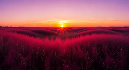 Sunrise over a field with fog and purple sky creating a serene and colorful landscape view scene © rehan