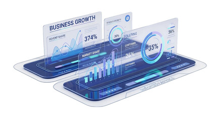 Abstract visualization of business growth metrics, displayed with charts and percentages on screens.