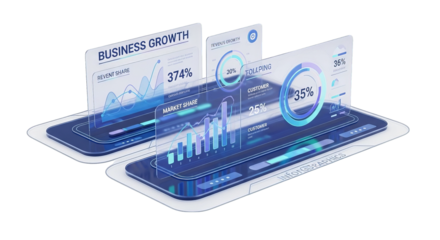 Abstract visualization of business growth metrics, displayed with charts and percentages on screens.