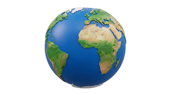 A stylized 3D model showing the Earth, with raised continents and oceans, viewed against dark void