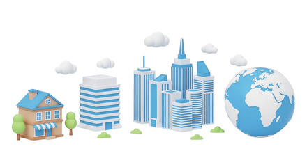Obraz premium A stylized cartoon world featuring buildings, a house, and a blue and white globe design.