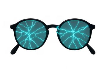 Round Glasses with Electric Blue Lightning Effect on Transparent Background