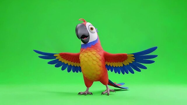 Cheerful 3D Cartoon Macaw Parrot Dancing on Green Screen for Kids Animation