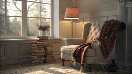 Cozy armchair with a blanket near a window creates a warm and inviting interior scene with natural light and a stack of books