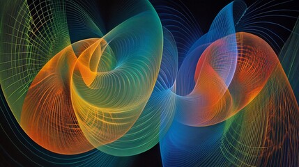 Abstract swirling light trails, digital art, dark background, website design