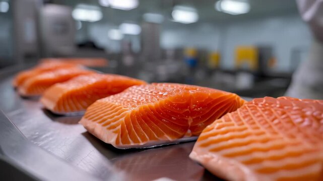 Fresh salmon fish fillet pieces stainless steel conveyor seafood processing plant and arranged metal surface professional kitchen