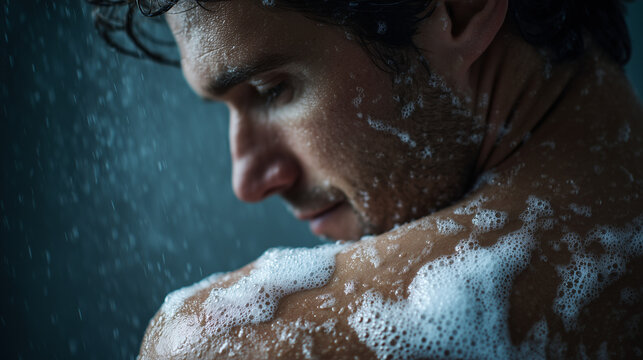 A man with soap foam on his shoulders enjoying a refreshing bath moment, promoting cleanliness and hygiene with soap product.