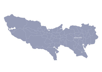 グレー色の日本地図, 東京都の行政区分付き地図, Gray colored map of Japan, Tokyo 
