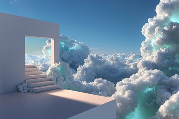 A serene staircase leading to a doorway amidst dreamy clouds and bright blue skies.