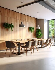 Modern cafe interior with wooden paneling