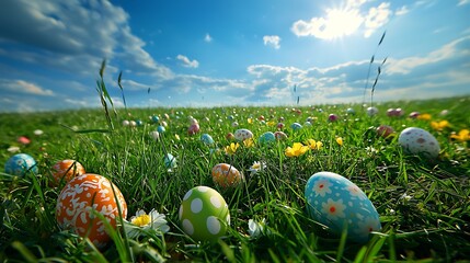 A lush green meadow with scattered decorated Easter eggs under a bright blue sky.